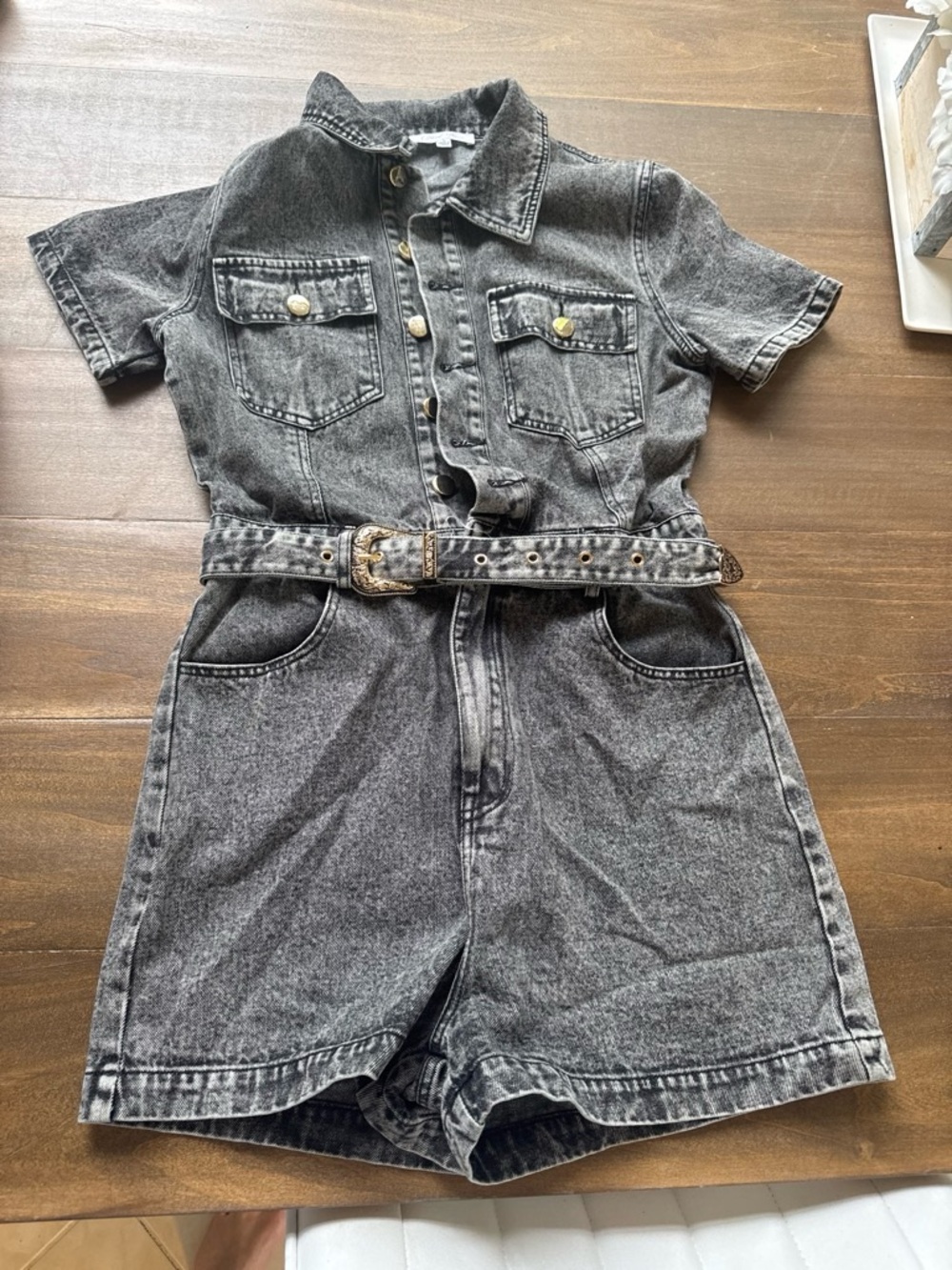 Women's Black Washed Denim Short-Sleeve Romper with Belt